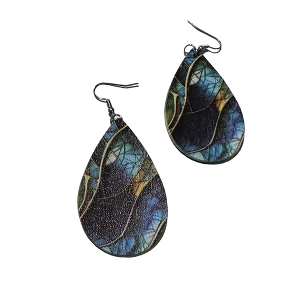 Blue, Green and Yellow Mosaic Leather Drop Earrings - Picture 4 of 6